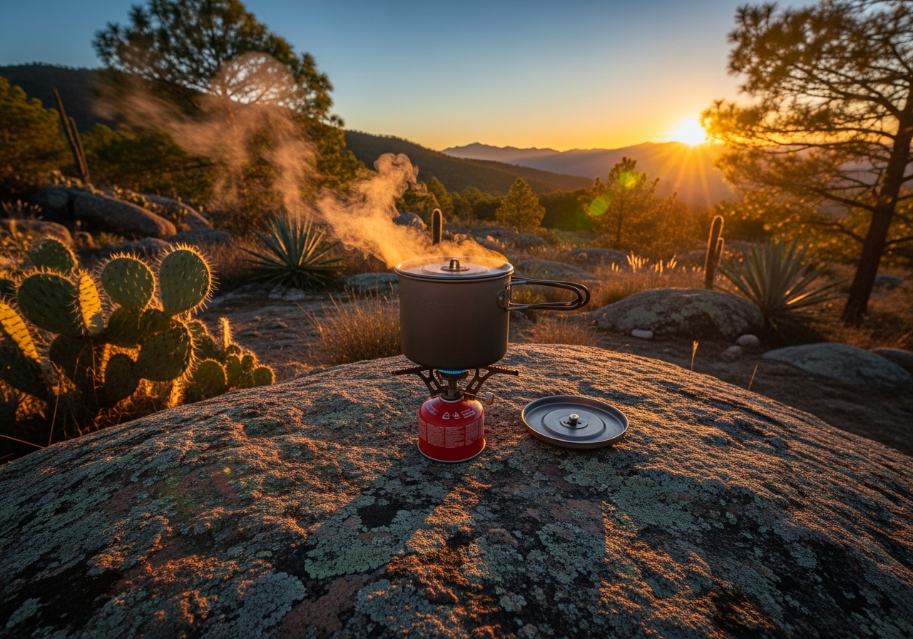 Cocina de campamento al amanecer